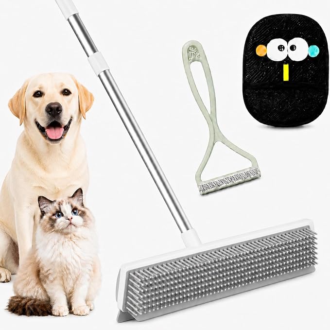 GOOGO Pet Hair Removal Tool Kit, 3 in 1 Carpet Rake Set with White Long Handle Brush, Mint Green Scraper and Scalable Pet Broom Glove for Carpets, Couches and Cars | Includes a white 52-inch carpet rake, mint green scraper and grooming glove for pet ha...