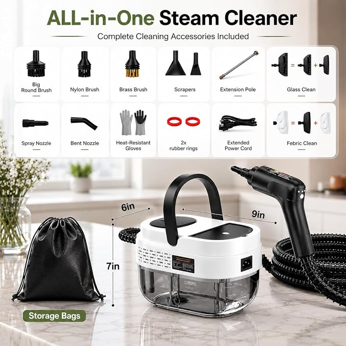 Handheld Steam Cleaner for Home, 2500W High Pressure Steam Cleaner for Car Detailing, 3 Steam Levels, 1600Ml Tank, High Heat Steamer for Bed Bugs, Couch, Furniture, Kitchen, Bathroom, Floors