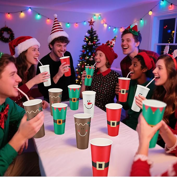 Dandat 20 oz 52 Pcs Christmas Coffee Paper Cups with Lids Disposable Christmas Paper Cups for Hot Cocoa Tea Beverage Holiday Xmas Party Supplies
