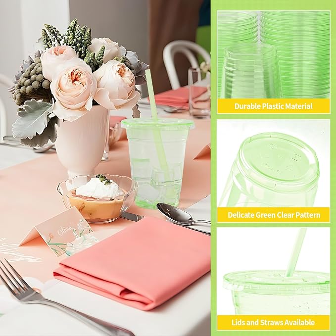 100 Set Green Plastic Cups with Lids and Straws 12 oz Disposable Drinking Clear Cups for Wedding Green Birthday Party Supplies