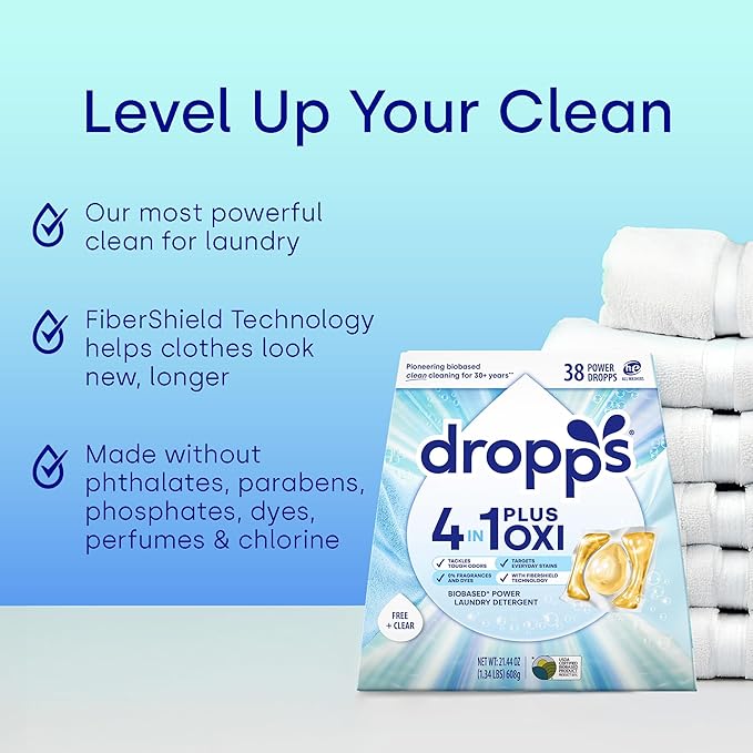 Dropps 4-in-1 Plus Oxi Laundry Detergent Pods, Free & Clear (38 Count) - Unscented Laundry Pods | Odor Defense | Fights Stains | Whitens & Brightens | Clean Ingredients | Plastic Free Packaging