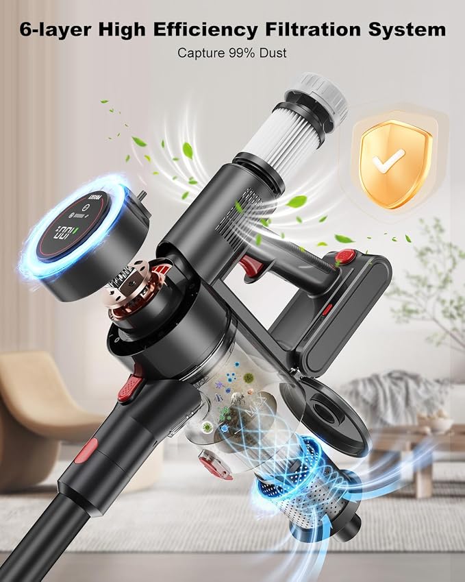 Cordless Vacuum Cleaner, Stick Vacuum Rechargeable, 550W 45KPA Powerful Suction Lightweight Vacuum Cleaners for Home, Anti-Tangle, Self Standing for Pet Hair Hardwood Floor Carpet - Silver