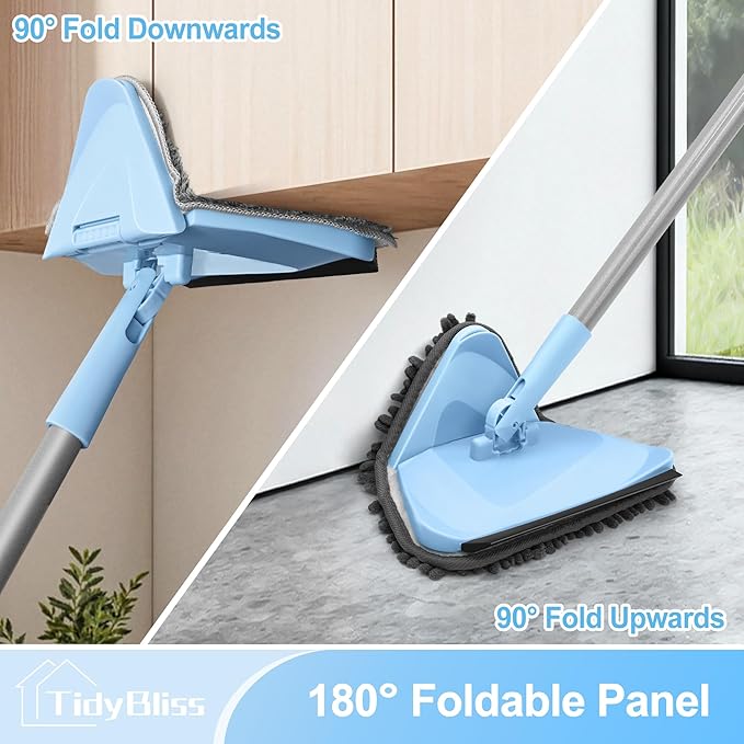 Wall Cleaner Mop with 80” Long Handle, 360° Swivel Ceiling Duster Scrubber with Collapsible Head, Baseboard Cleaning Tool with 4 Chenille and 2 Microfiber Pads for Windows Floor (Blue)
