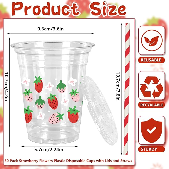 FYSUIMU 50Pcs 12Oz Strawberry Floral Plastic Cups with Lids & Straws Pink Red Strawberry Flower Clear Disposable Cups for Spring Summer Party Supplies