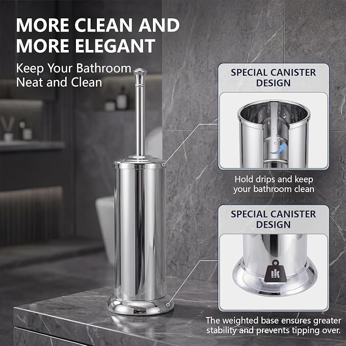 Toilet Brush and Holder Set,304 Stainless Steel Heavy Duty Toilet Brush,Extra Long Handle Toilet Bowl Brush and Holder for Bathroom,Durable,Deep Cleaning,Extra Dense Bristles (Chrome)