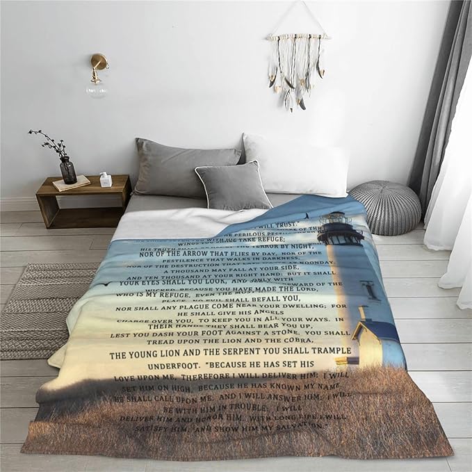 Psalm 91 Blanket Christian Lighthouse Gifts Religious Bible Verse Scripture Throw Blanket Comfy Plush Flannel Fleece Warm Soft Fluffy Fuzzy Blanket for Prayer Women Teens for Bed Sofa Couch 50"X60"