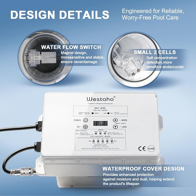 Salt Chlorine Generator, Westaho Salt Water Pool Chlorinator System with USA-Made Titanium Cells, for Above Ground Pools up to 7,000 Gallons, Compatible with Intex Pools