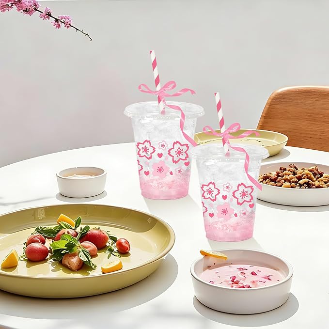Whaline 50 Pcs Pink Cherry Blossom Plastic Cups with Lids and Straws Heart Sakura Clear Plastic Cups 12 Oz Disposable Cup for Spring Wedding Birthday Party Supplies