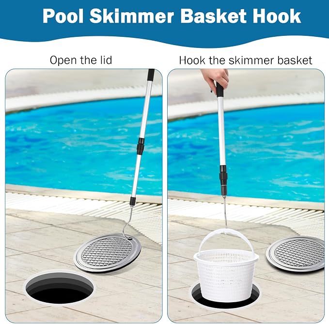Lasnten 3 Pcs Pool Skimmer Basket for Inground Pool Skimmer Hook Extendable Filter Basket Filter Lid Lifting Hook for Cleaning Accessory Keep Hands Clean(8 Inch)