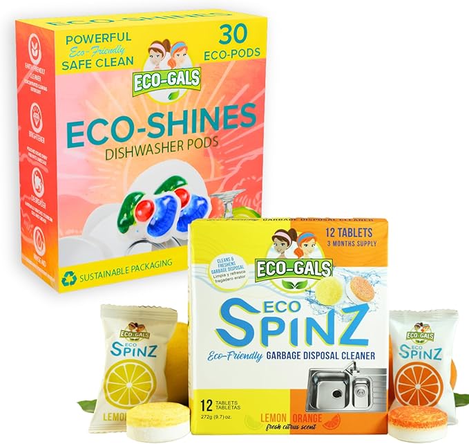 ECO-GALS Eco-Spinz Disposal Cleaner and Deodorizer for Kitchen Drains and Sinks Plus Eco-Shines Dishwasher Detergent 3 in 1 Power of Liquid, Powder, and Gel for Brighter Cleaner Dishes