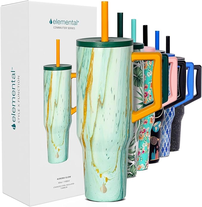 Elemental 40 oz Tumbler with Handle and Straw - Spill Proof Insulated Stainless Steel Commuter for Cold Beverages - Travel Coffee Mug with 2 Straws & Spill Proof Lid - 40oz - Aurora Glow