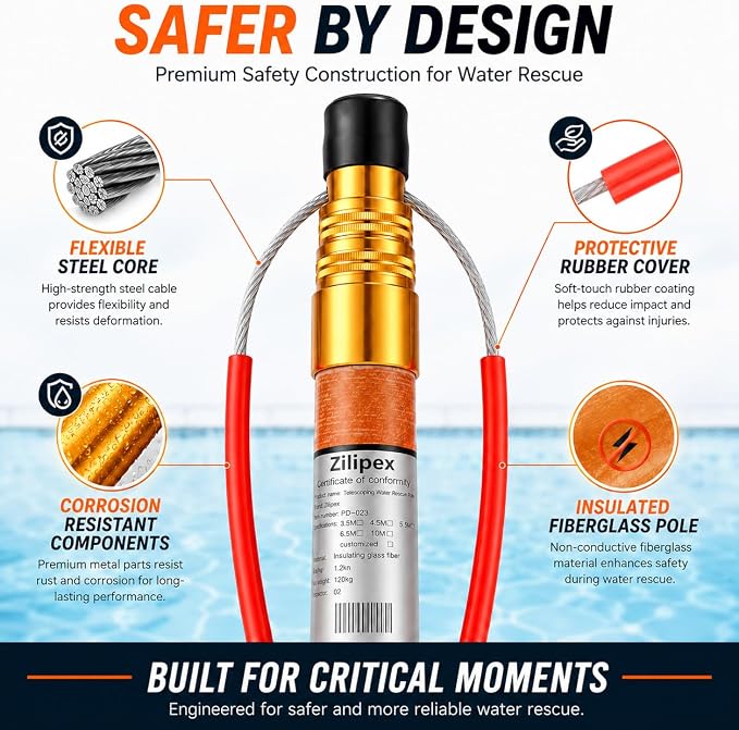 15FT Telescopic Pool Rescue Pole with Safety Hook, Fiberglass Water Safety Equipment for Pools, Docks, Marinas & Lakefront Properties, Emergency Rescue Tool for Homes, Resorts & Community Facilities | Essential Water Safety Equipment