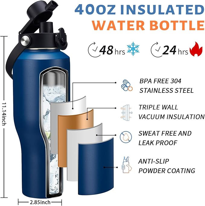40oz Water Bottle with Straw - Vacuum Stainless Steel Insulated Cups w/Survival Paracord Handle & Carrier Bag, Skinny Water Bottle Insulated Water Bottle Fits in Cup Holder for Travel Drive