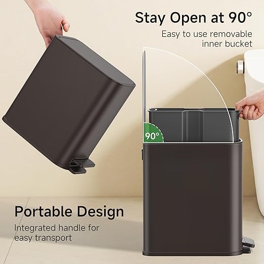 TIPGO Small Bathroom Trash Can with Lid Soft Close, Step Pedal, 1.3 Gallon / 5 Liter Stainless Steel Slim Garbage Can for Office, Diaper Waste Basket with Removable Inner Bucket (Brown)