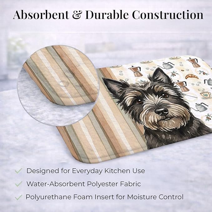 Caroline's Treasures Black Cairn Terrier Coffee Bar Dish Drying Mat Absorbent Dish Drying Mat Pad for Kitchen Counter Dish Drainer Mat for Countertop, 14 x 21", Multicolor