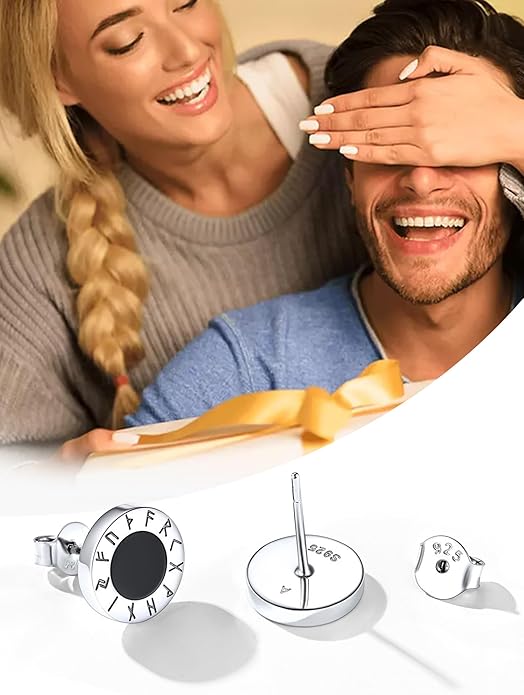 ChicSilver 925 Sterling Silver Viking Rune Natural Black Onyx Stud Earrings For Women Men