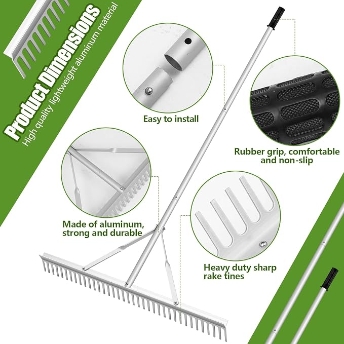 Qinyoung Aluminum Maintenance Rake 36 Inch Baseball Field Garden Landscape Rake with 66''-98'' Adjustable Handle for Yard Lawns Lake Weed Care Gardening Loosening Soil