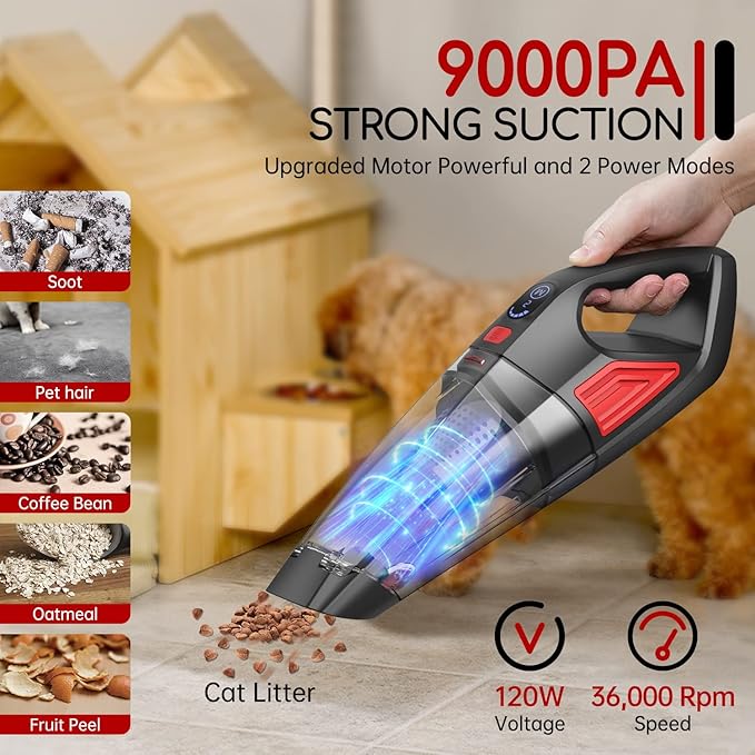ATONEP Handheld Vacuum Cordless, 9000PA Hand Held Car Vacuum Cleaner Rechargeable, 3 in 1 Portable Hand Vacuum with LED Light & USB Charge Portable Car Vacuum Cleaner Filter for Home Office, Car, Pets