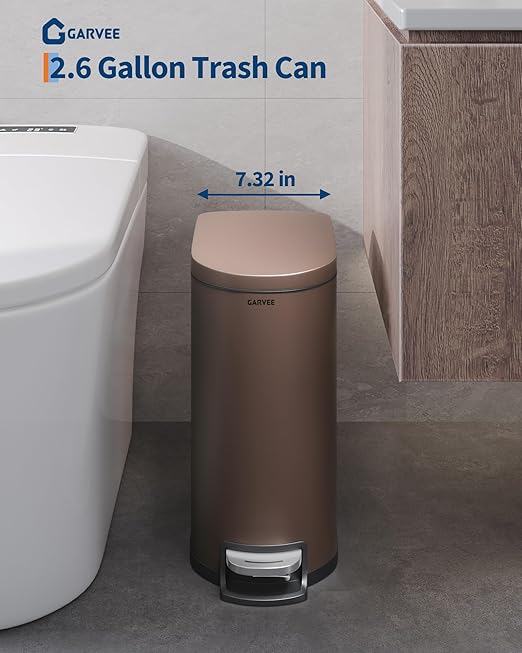 Slim Stainless Steel Bathroom Trash Can 2.6 Gallon/10L – Step Pedal, Lid, Soft-Close, Removable Inner Bucket, Odor Control, Rear Handle, Waterproof, for Compact Spaces, Bedroom, Office – Brown