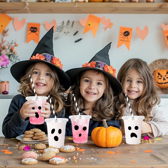Whaline 60 Pcs 12 Oz Halloween Disposable Plastic Cups with Lids and Straws Black Spooky Ghost Cold Beverage Drinking Cups for Trick or Treat Birthday Party Supplies