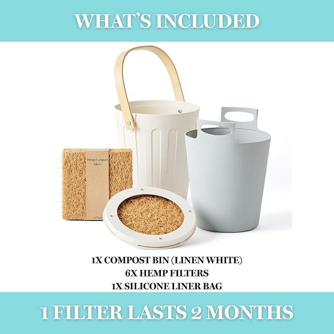Martha Stewart Indoor Compost Bin Starter Bundle | Countertop Composting Bucket for Kitchen | .7 Gallon Capacity | Includes 6 Filters and Silicone Liner Bag | Plant Based Materials | Linen White
