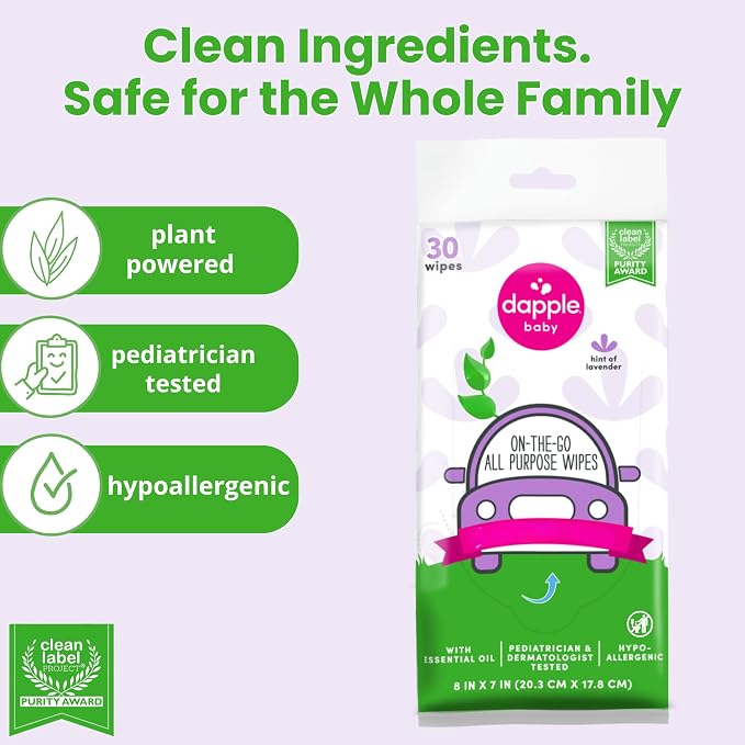 Dapple Baby All Purpose Wipes, Hint of Lavender, Plant Powered, Hypoallergenic, 30 Count (Pack of 4)