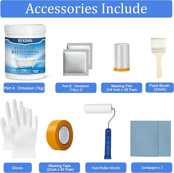 BEKOMN Tub Paint,Tub and Tile Refinishing Kit 33oz with Tools,Bathtub Paint White Water-based Low Odor,Easy to Use for Sink Kitchen Bathroom,Semi-Gloss,50-55sq.ft