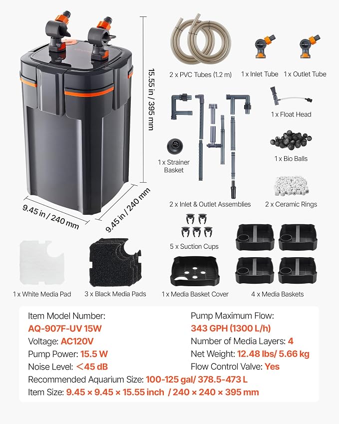 VEVOR 343GPH Canister Filter, 4-Stage External Aquarium Filter with Timed Light, Powerful Pump, Water Circulation Cleaning with Media for Large Fish Tanks & Aquariums Up to 125 Gallons, for Freshwater