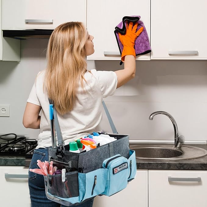 Large Cleaning Supplies Organizer-Cleaning Caddy Organizer With Handles & Shoulder Strap-Cleaning Bags for Cleaning Suppliers-Housekeepers Wearable Cleaning Tote Upgraded
