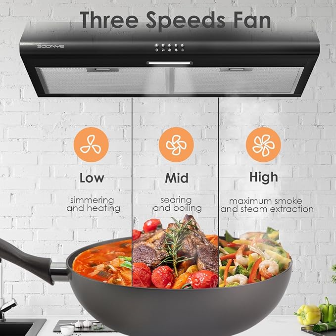 30 inch Black Under Cabinet Range Hood, Stainless Steel Slim Kitchen Vent Hood Ducted/Ductless Convertible with 3 Speed Controls, 5-Layer Aluminum Filters,LED Lights
