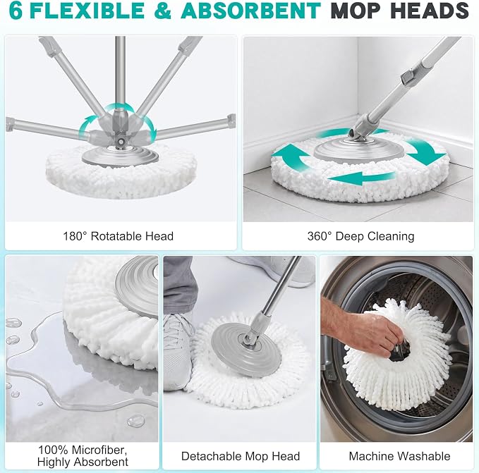 Mop and Bucket Set with Wringer, Spin Mop Floor Cleaning System with 6 Replacement Microfiber Heads & 61" Extra-Long Handle for Home Floor, Blue