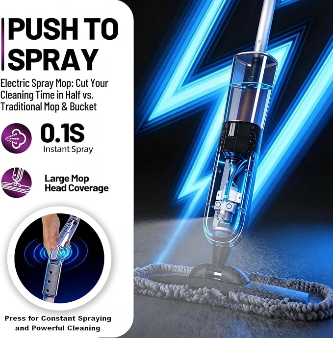 Electric Spray Mop Floor Cleaner with 2 Mopping Pads 720ml Bottle & Scraper 360° Swivel Head Lightweight Cordless Wet Dry Cleaner for Hardwood Floor Cleaning Laminate Tile Wood Vinyl & All Hard Floors