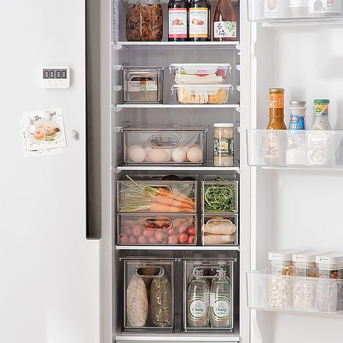 4 pack Stackable Fridge Drawers Pull-Out Bins Divided Produce Saver Containers for Refrigerator Storage Organizers for Veggie Fruit Berry Pantry Cabinet Makeup Clothes