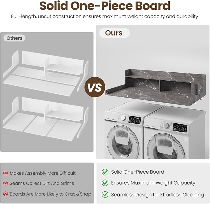 Upgraded 2-Tier Washer and Dryer Countertop with Power Outlet,54" W x 27.6" D Large Laundry Countertop for Fold Clothes, Laundry Topper with Non-Slip Pads & Metal Hooks and Storage Basket