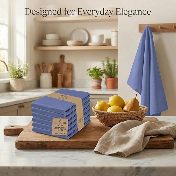 Urban Villa Kitchen Towels 100% Cotton Dish Towels for Kitchen(Set of 6) 20”x30” Dish Cloths Highly Absorbent Kitchen Linen Set with Hanging Loop Perfect for Drying Dishes Cleaning Hand Towels - Blue