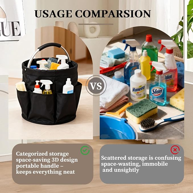 JINGYAN 17L Large Collapsible Folding Cleaning Caddy with Handle & 6 Side Pockets – Portable Waterproof Bucket Tote for Cleaning Supplies, Housekeeping, Laundry, Bathroom & Outdoor Storage