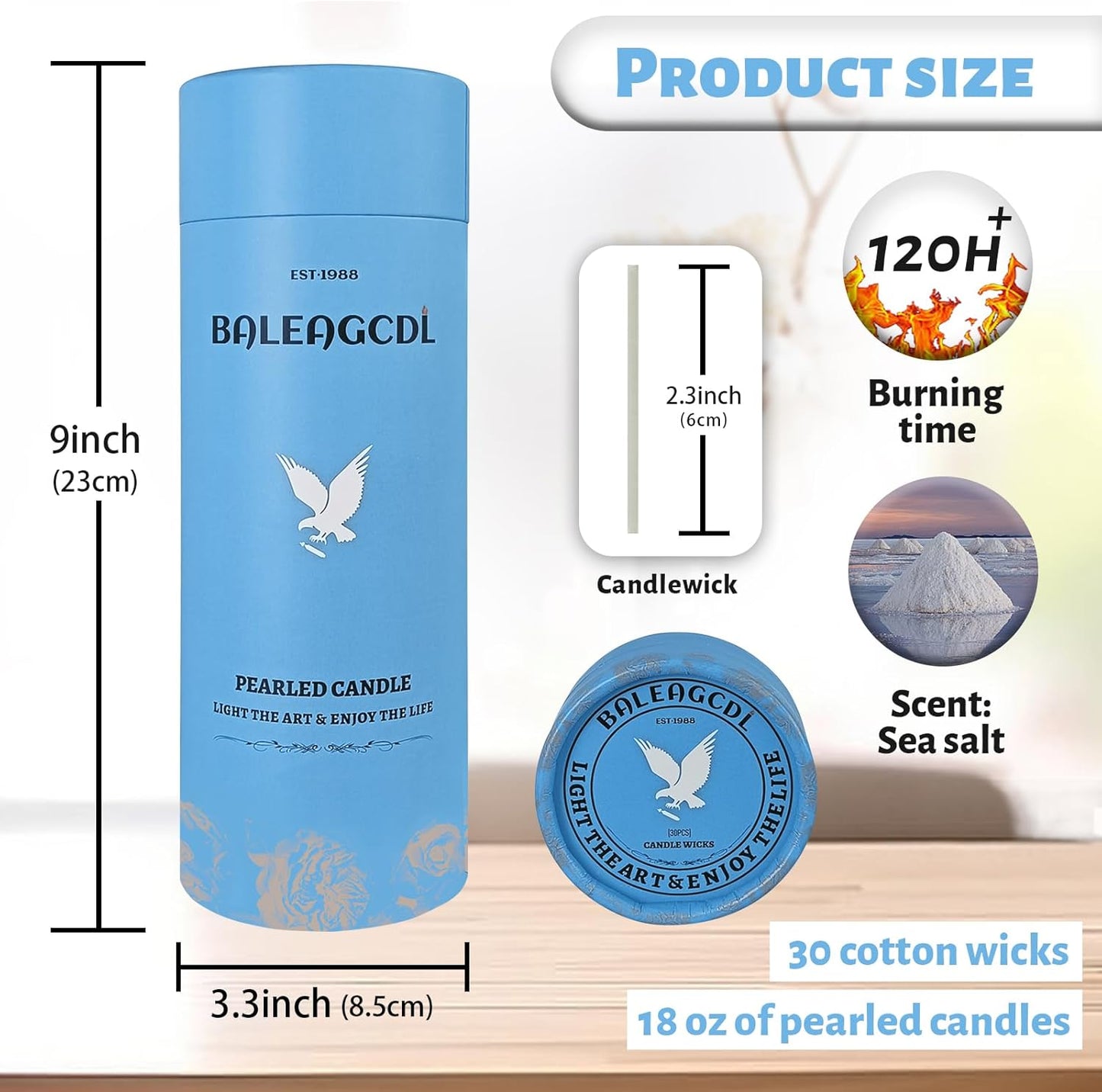 Sea Salt Scented Sky Blue Pearled Candle 18oz Luxury Sand Candle Granulated Wax - 30 Cotton Wicks - Wax for Candle Making Decorative Candles Smooth and Clean Burning Lasts up to 120 Hours