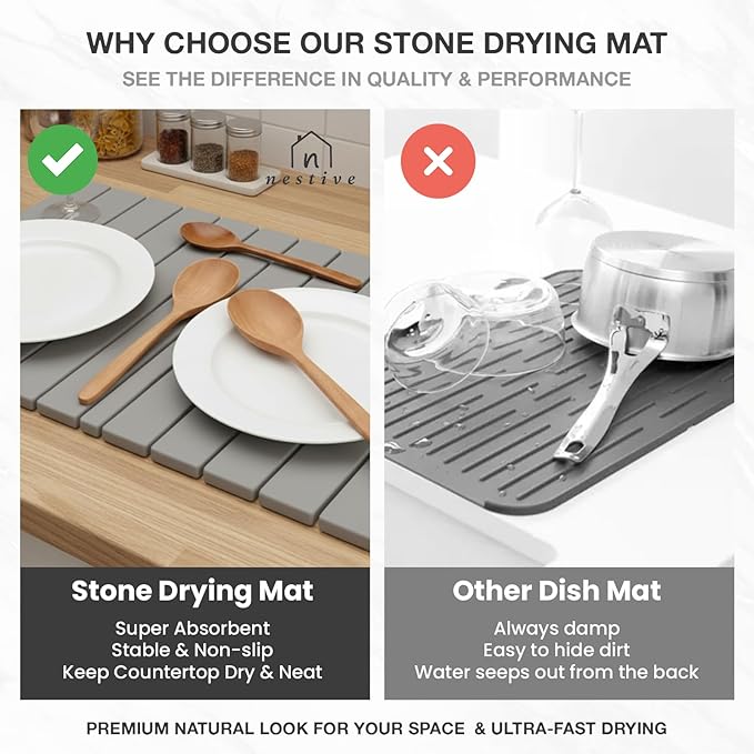 Large Stone Drying Mat for Kitchen Counter | 24"x16" | Fast Drying Collapsible Diatomaceous-Earth Mat | Super Absorbent Folding Mat for Dishes, Bottles, Glass, Heat-Resistant, Non-Slip (Light Gray)