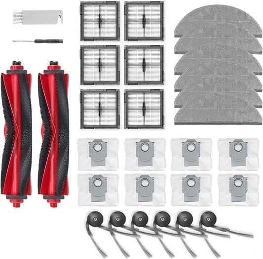 30Packs Accessories Kit Compatible with Roborock Q10V/Q10 PF/Q10 V+/ Q10 P+/Q10 VF/VF+/P/PF+ Robot Vacuum Cleaner, Include 2 Main Brush,6 Mop Clothes,6 Hepa Filters,6 Side Brush,8 Dust Bag,2 Tool