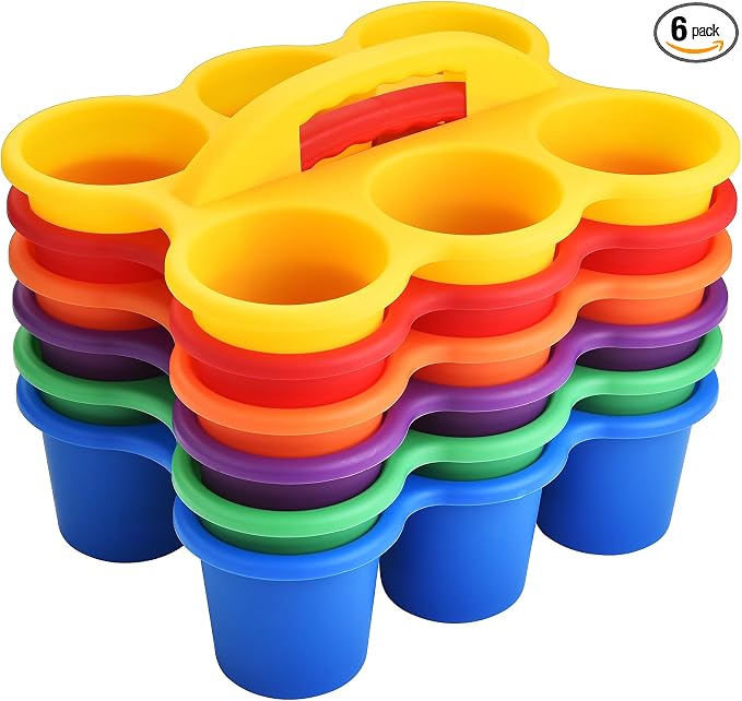 ALINK 6 Pack Classroom Caddy Storage Basket with Handle, Plastic Drink Cup Caddy Holder, 6 Compartments for Kids, Table, Office, Arts, Crafts, Crayon, Marker, Pencil, School Supplies - Assorted Colors