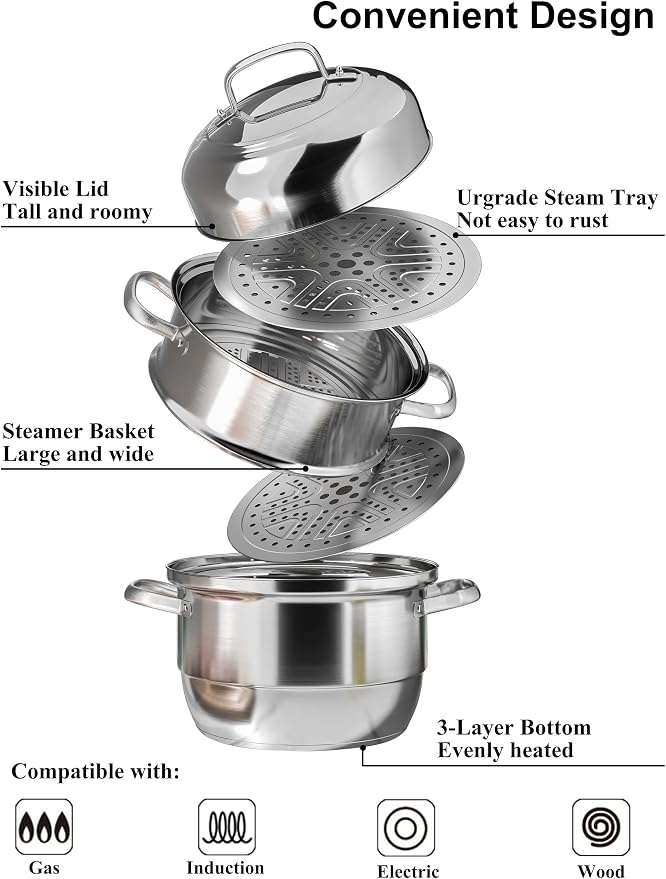 VENTION 3 Tier Induction Steamer Pot for Cooking, 11.9 Inch(30cm), 9.7 Qt | Stainless Steel Steamer for Cooking Tamales, Large Steam Pot for Dumplings and Vegetables
