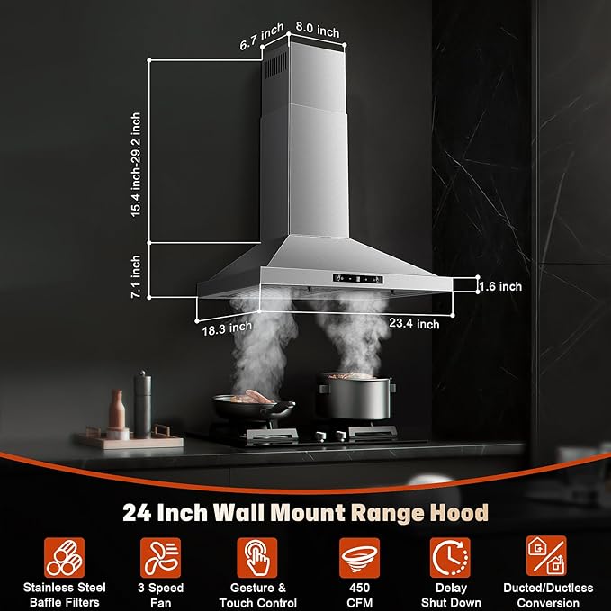 24 Inch Range Hood, Ducted/Ductless Range Hood 450CFM, Wall Mount Kitchen Hood in Stainless Steel, Gesture Sensing & Touch Control, 3 Speed Fan, 2 Pcs Baffle Filters