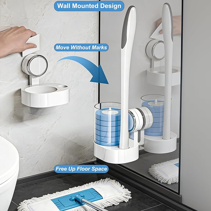 Taiuloo Disposable Toilet Brush, Wall Mounted Toilet Bowl Cleaner Wand & Holder with 32 Refills Scrubbing Pads, Bathroom Toilet Wand Kit Deep Cleaning System