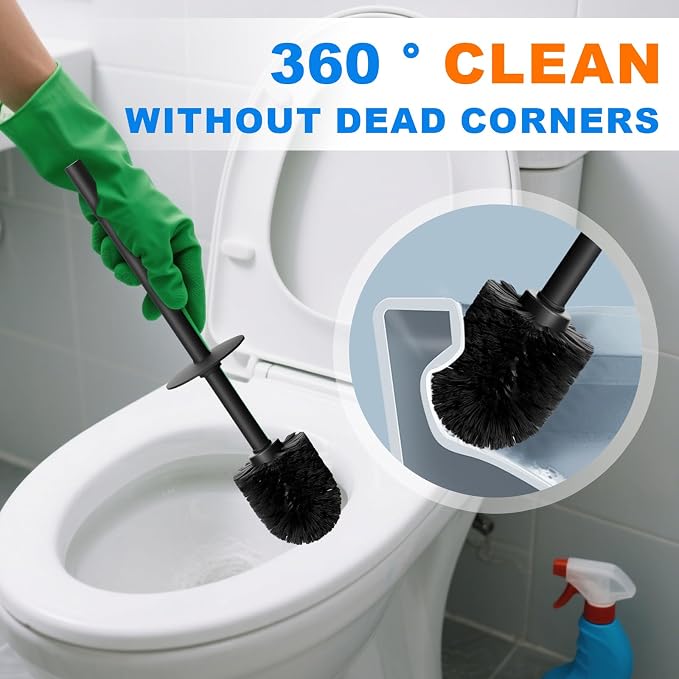 304 Stainless Steel Toilet Bowl Brush and Holder Set, Circular Floor Toilet Brush Holder, Long Handle, Bathroom Heavy-Duty Cleaner, High-End Cylinder Wall, 2 Brush Head (Black) YIGUANXIN