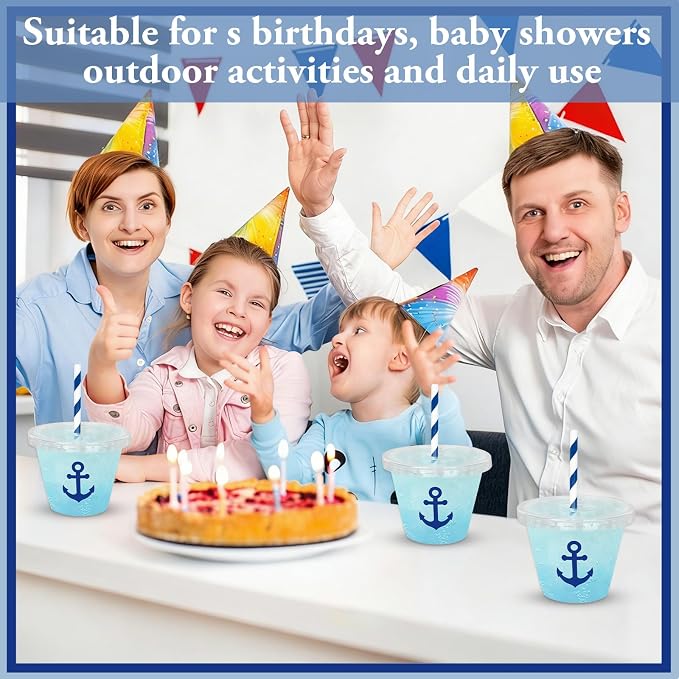 Whaline 100Pcs 9Oz Nautical Disposable Plastic Cups with Lids and Straws Blue Anchor Cold Beverage Drinking Cups for Iced Coffee Smooth Juice Tea Milkshake