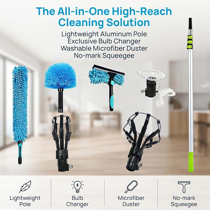 20FT Light Bulb Changer for high Ceilings with 5-12FT Telescoping Pole,Ceiling Fan Cleaner Duster with Extension Pole,Light Bulb Changer and Cobweb,Window Cleaning Kit for Home House Roof