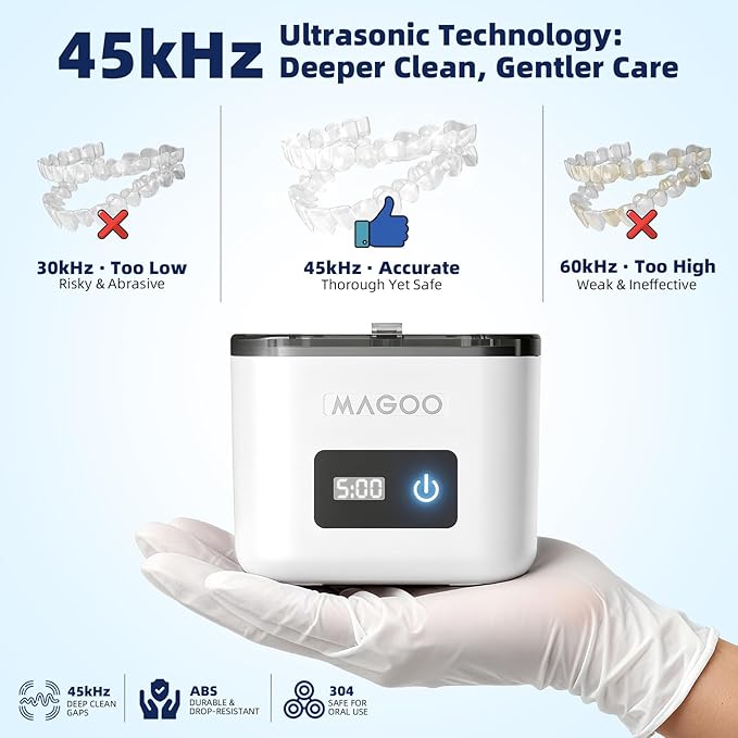 Ultrasonic Retainer Cleaner Machine, Denture Cleaner for Aligners Night Guards Braces Mouth Guards Toothbrush Heads，All-in-One Dental & Jewelry Cleaner, 45kHz 200ML, Dual Modes