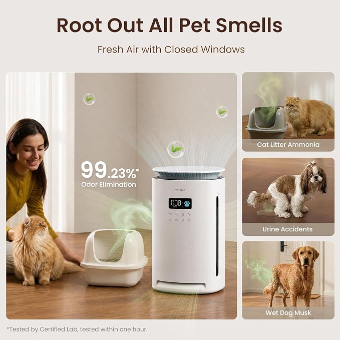 Provirtec Pawtent Pro Pet Air Purifier, 2-Year Filter Life, H13 True HEPA | UV-Ion Tech, 99.23% Pet Odor & 99.97% Allergies & 99.70% Pet Hair Reduction, Auto Mode for Cats Dogs Home Large Room