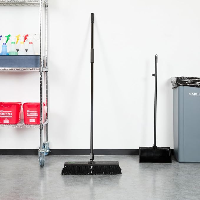 Restaurantware-Clean Tek Professional 17.13 Inch Push Broom, 1 Heavy-Duty Broom with 59” Handle - Medium Bristles, 2 Handle Attachment, Wooden, Commercial Use, for Deck, Garage, Yard, Patio