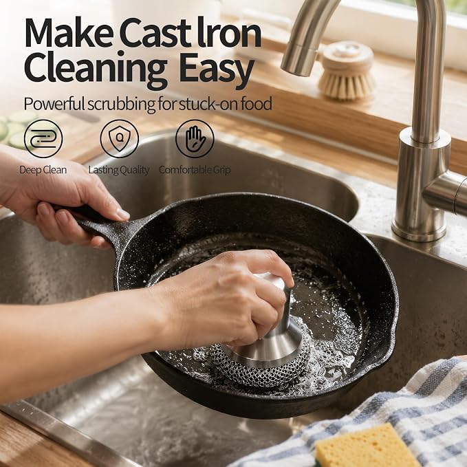 Cast Iron Scrubber and Scraper, 316 Chain Mail Scrubber for Cleaning Dishes, Stock Pots,Black, 1 Count ((Small Chain Mail))